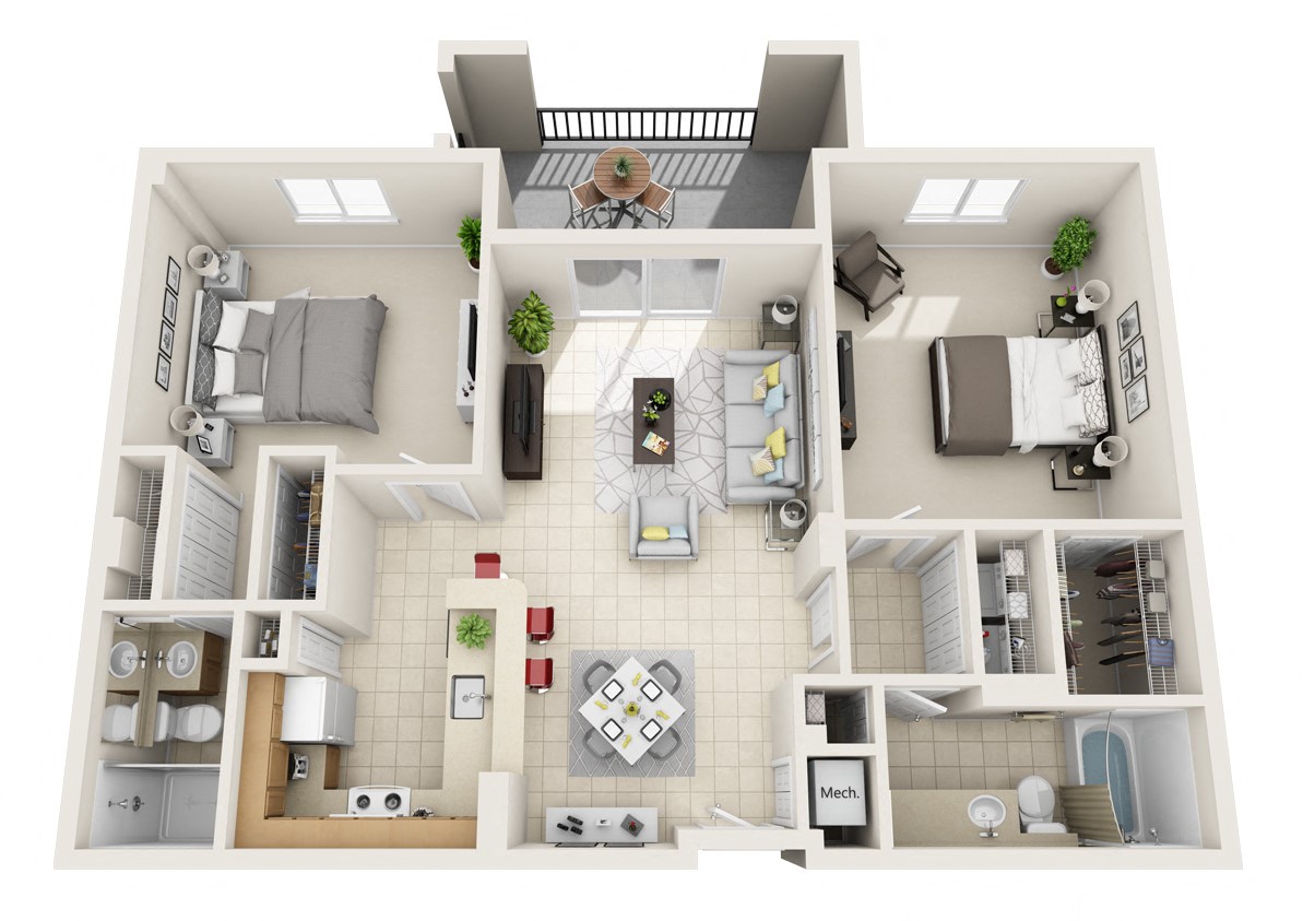 Floor plan for 2 beds, 2 baths, 1125 sqft